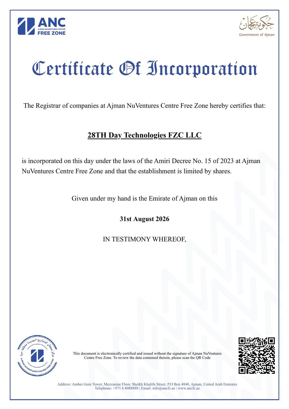 Certificate of Incorporation for 28TH Day Technologies FZC LLC, issued by Ajman NuVentures Centre Free Zone